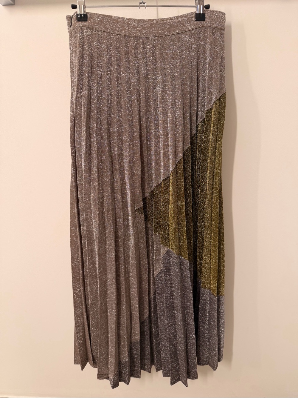 Pleated Metallic Taupe Silver and Gold Colorblock Maxi Skirt